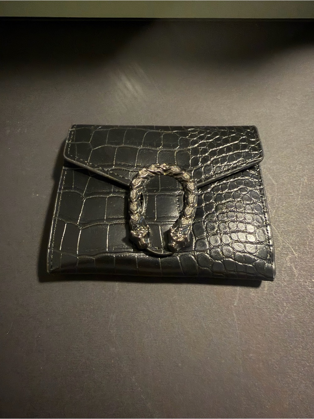 Croc-Embossed Black Leather Envelope Card Holder with Statement Hardware